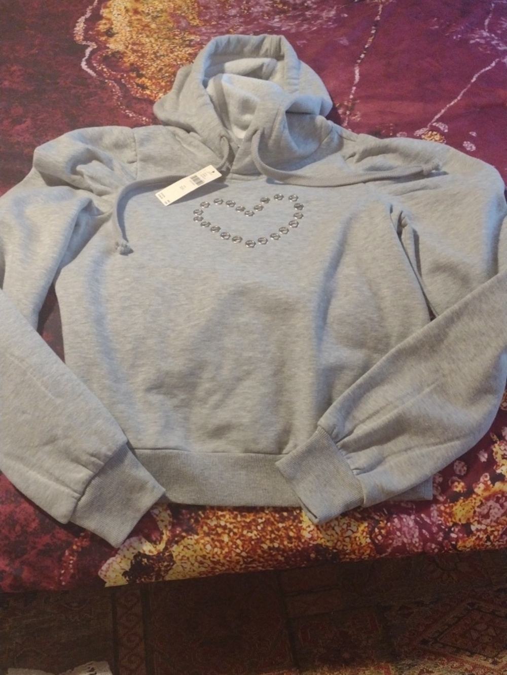 Anthropologie Puff Sleeve Light Gray Hoodie with Heart Stud Detail - Women's Top